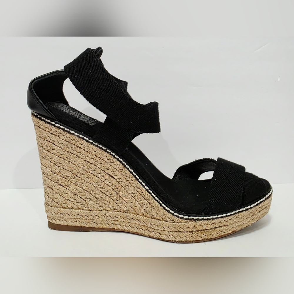 Tory Burch ADONIS Black Elastic Espadrille Heel Wedge Ankle Sandal 10 B Used